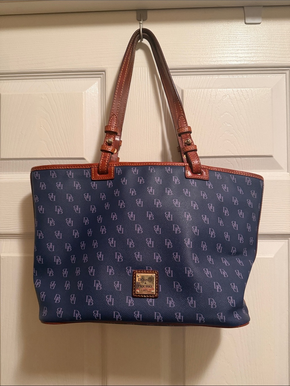 Dooney & Bourke Navy Logo Tote with Brown Trim and Handles